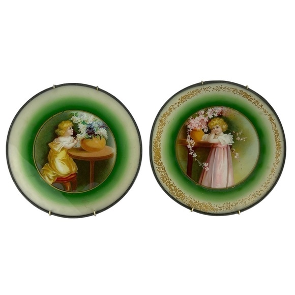 VINTAGE Flue Cover Picture Child with Flowers Set of Two Wall Art 9.25” Glass - Picture 1 of 6